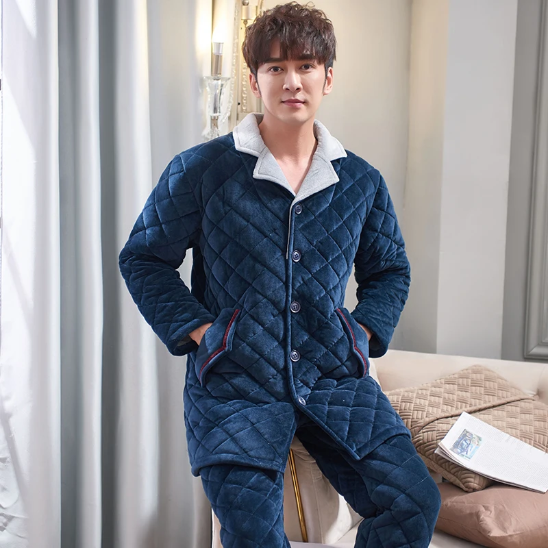 Plus Size 3XL Quilted Sleepwear Long Style Winter Warm Flannel Pajama Set Thick Padded Male Pyjamas Coral Fleece Leisure Outwear