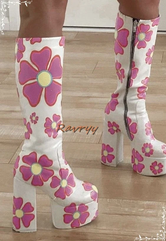 

Женские сапоги до середины икры, сапоги до середины икры на платформе с круглым носком и цветочным принтом, на массивном высоком каблуке, с б...