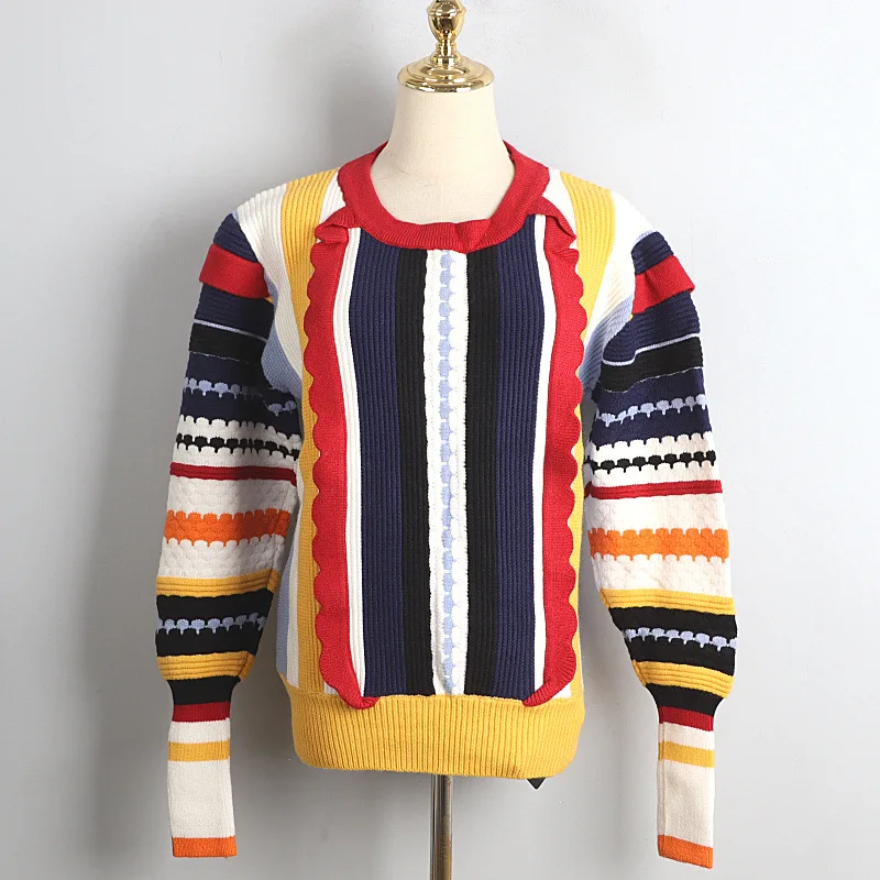

2020 Winter Sweater Pullover Long Sleeve Crew Neck Striped Women Sweater
