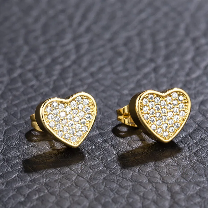 

Heart Shaped Gold Earrings Hip Hop Copper Inlaid Zircon Rhinestones Trendy High Quality Men&Women Exquisite Jewelry