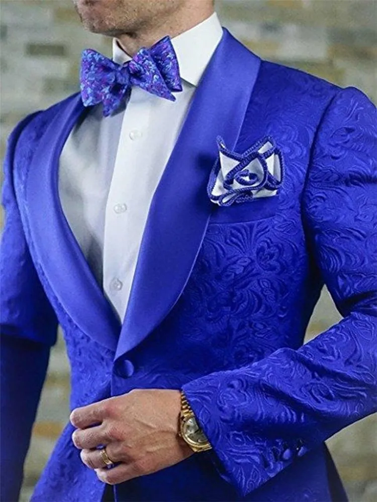 

New Arrival Royal Blue Floral Men Suits For Wedding Groom Tuxedos Shawl Lapel Suit Men Groomsmen Best Man Blazer 2 Pieces