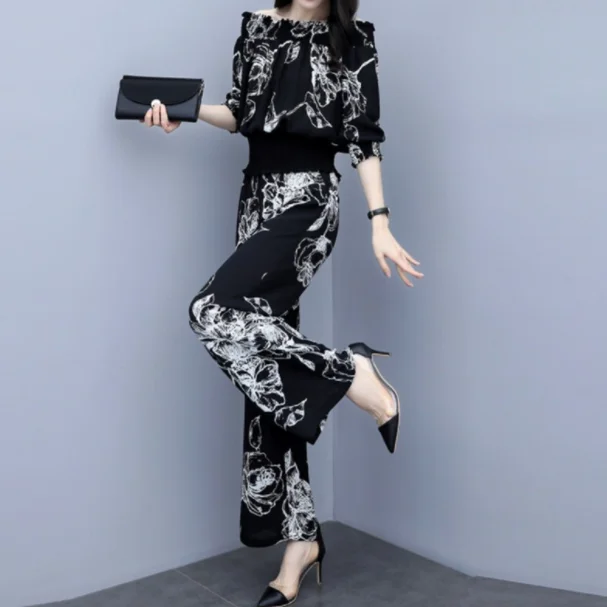 Autumn OL Women Sets Clothing Lady Blouse And Wide Leg Trouser Suits Female Plus Size 3XL Slim Chiffon Two Piece Set AQ555 |