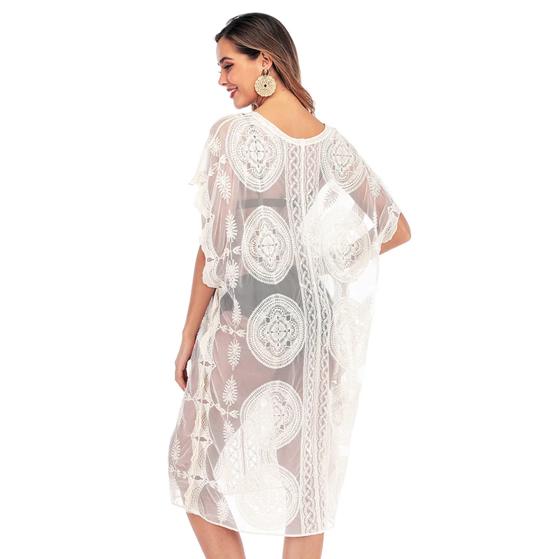 Прозрачный цельный женский пляжный купальник накидка платье кружевное бикини с