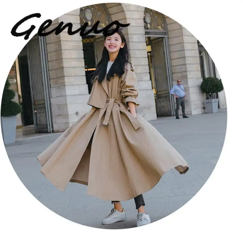 

2019 Spring New Fashion Trend Women's Solid Color Over The Knee Long Coat Lapel System Belt Plus Windbreaker