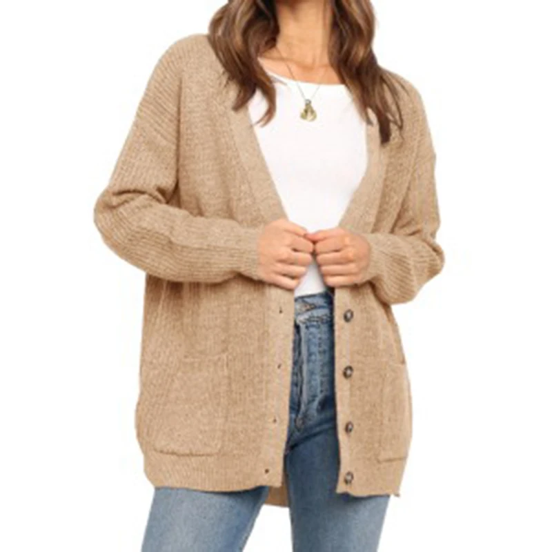 

V-neck long-sleeved sweater New fashion autumn and winter women's button solid color woven wild warm casual sweater ladies top