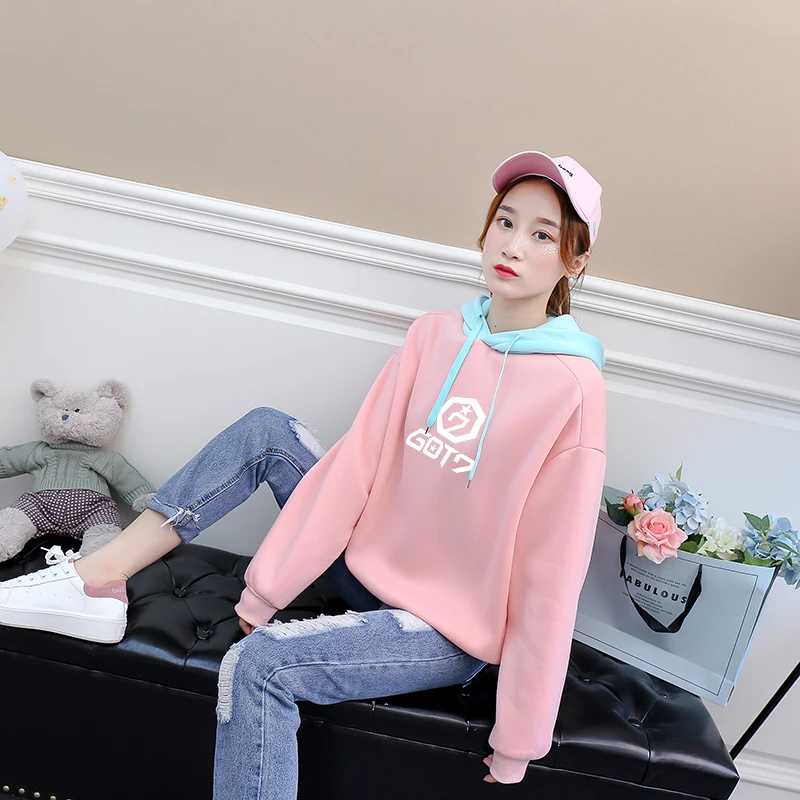 

Got7 Kpop Hoodies Korean Casual Loose Streetwear Fleece Contrast Color Splicing Sweatshirts Women Drop Shoulder Hooded Pullovers