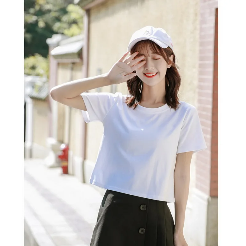 

CN T Shirts Women 2021 Korean Fashion Short Casual Solid Color Women's Top Cute Loose Short Sleeve Summer T Shirt For Girls