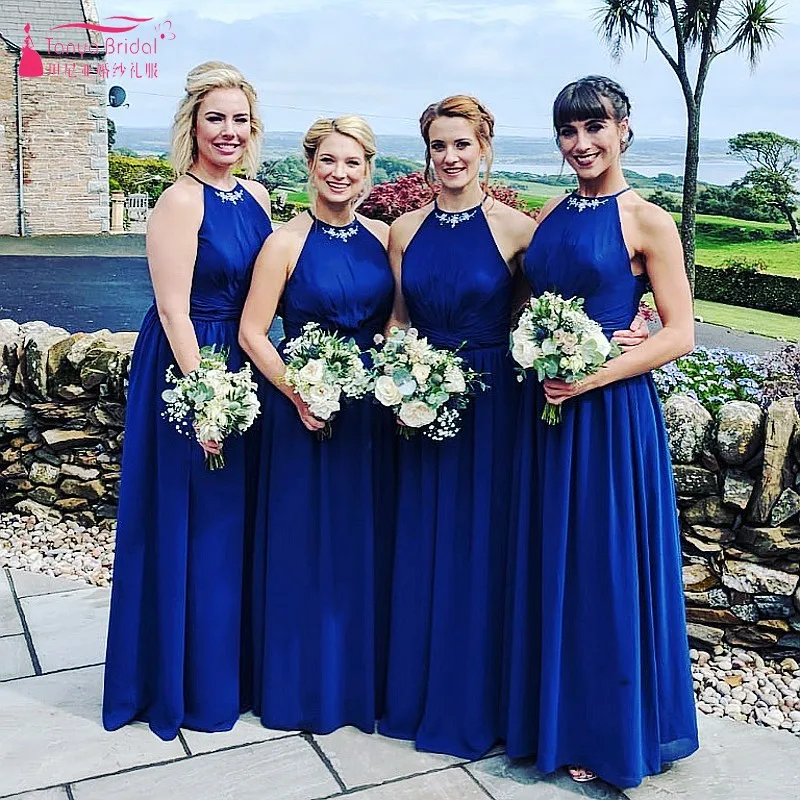 

Long Bridesmaid Dresses Royal Blue Chiffon A Line Simple Modest Halter Wedding Guest Party Dress TBB02