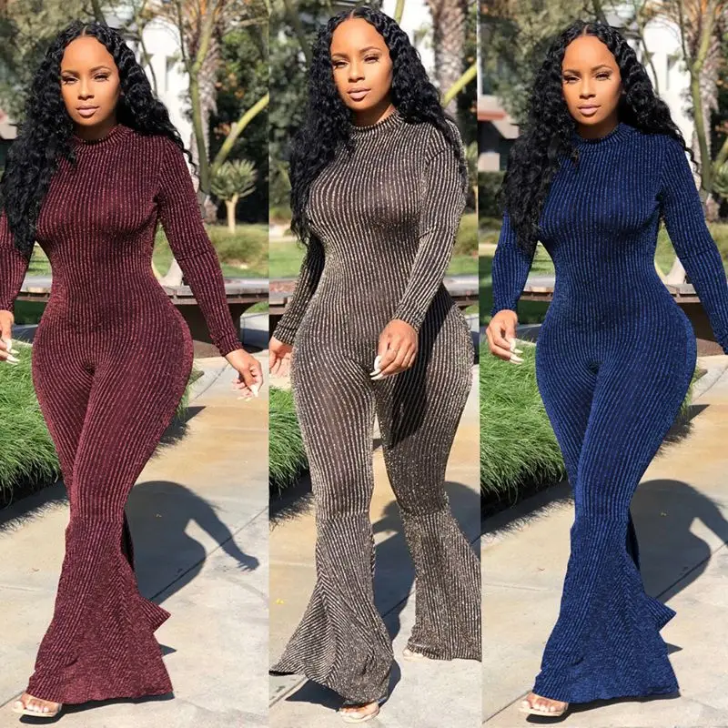 

Plus Size Fall Clothes Stripe Long Sleeve Flared Jumpsuit Women Sexy Bodysuit One Piece Outfits Nightclub Overalls Wholesale