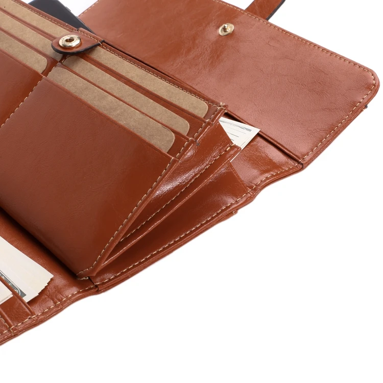 

AUAU-JINBAOLAI Anti-netic Leather Insert Oil Wax Leather Mid-Length Three-Fold Leather RFID Ladies Wallet Clutch Brown