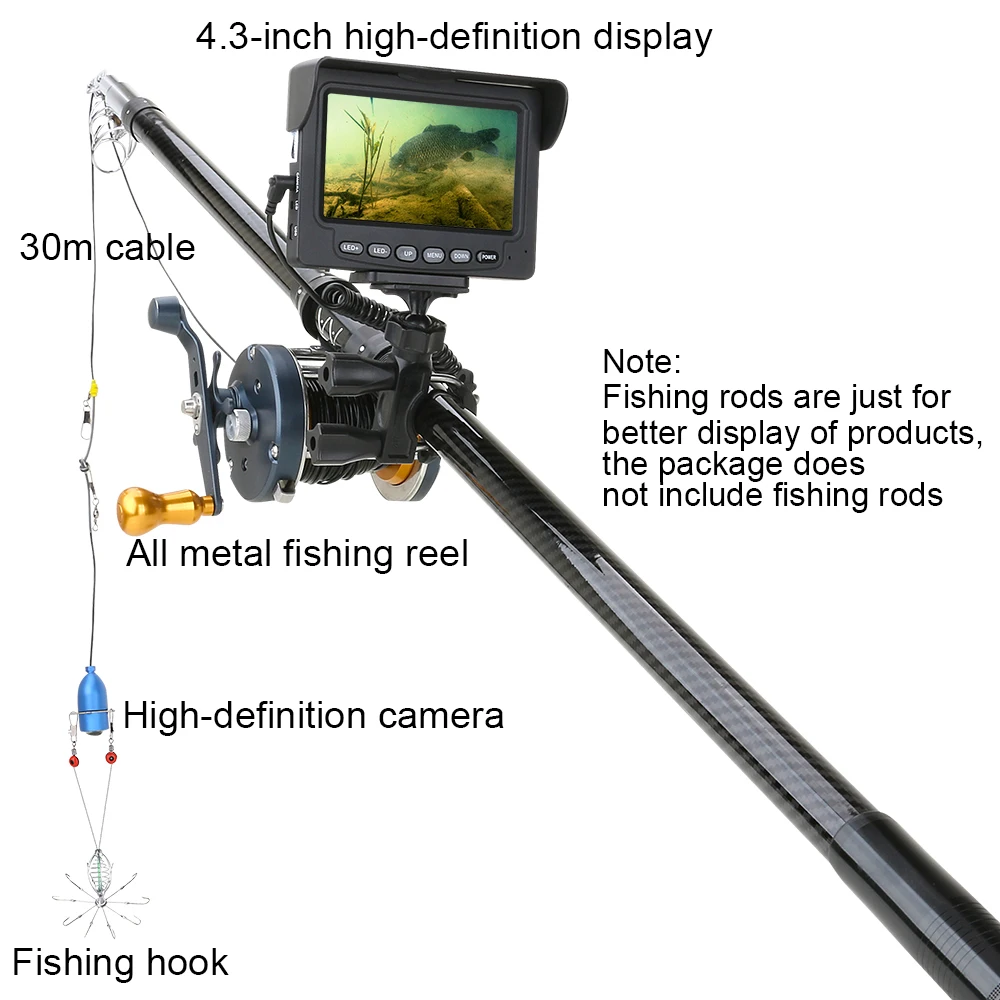 

30M 1200TVL Fish Finder Underwater Fishing Camera 4.3 inch IPS Monitor 10PCS LED Night Vision 195 Degrees Metal Sea wheel Camera