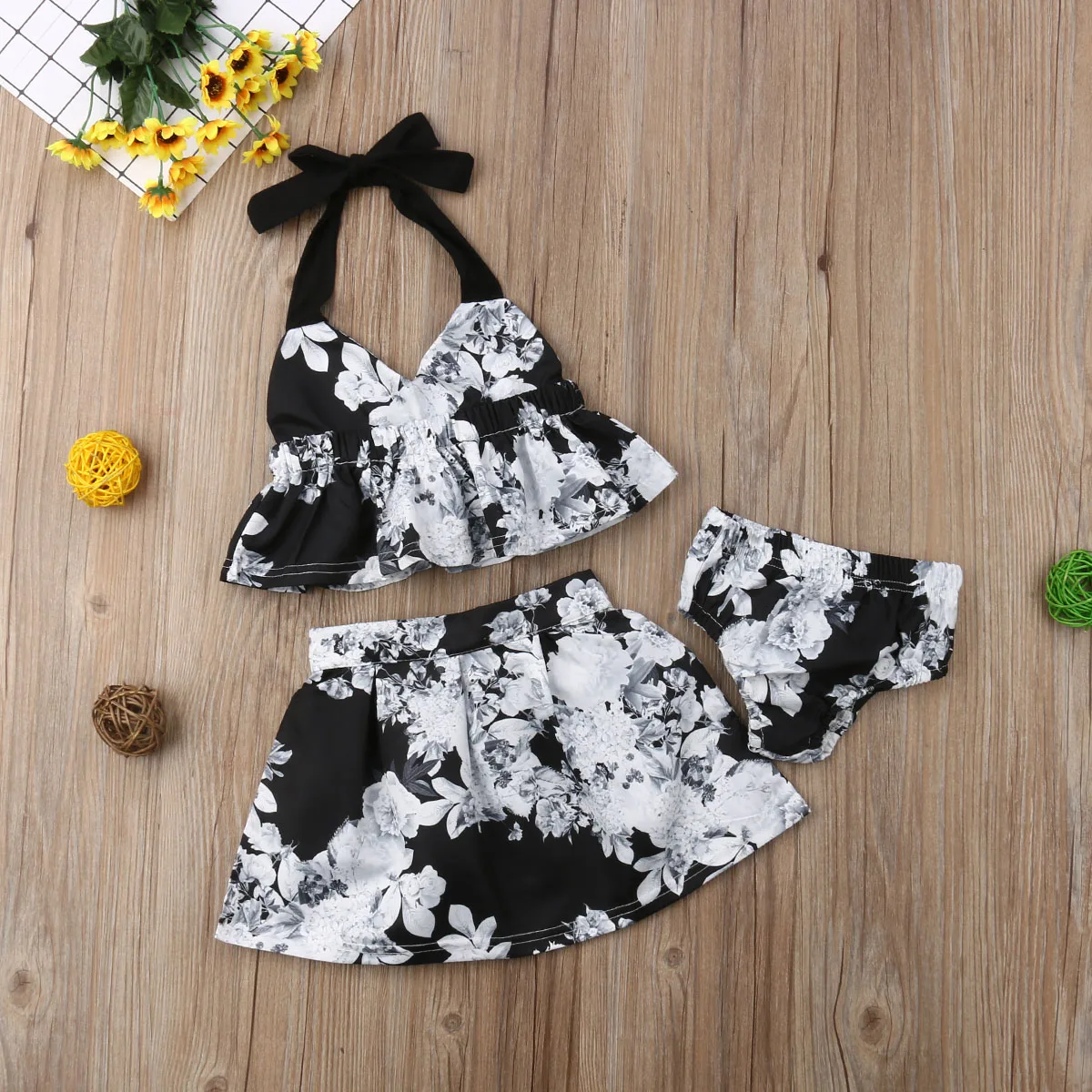 

Kids Baby Girls Floral Vest+Skirt+Shorts Outfit Set