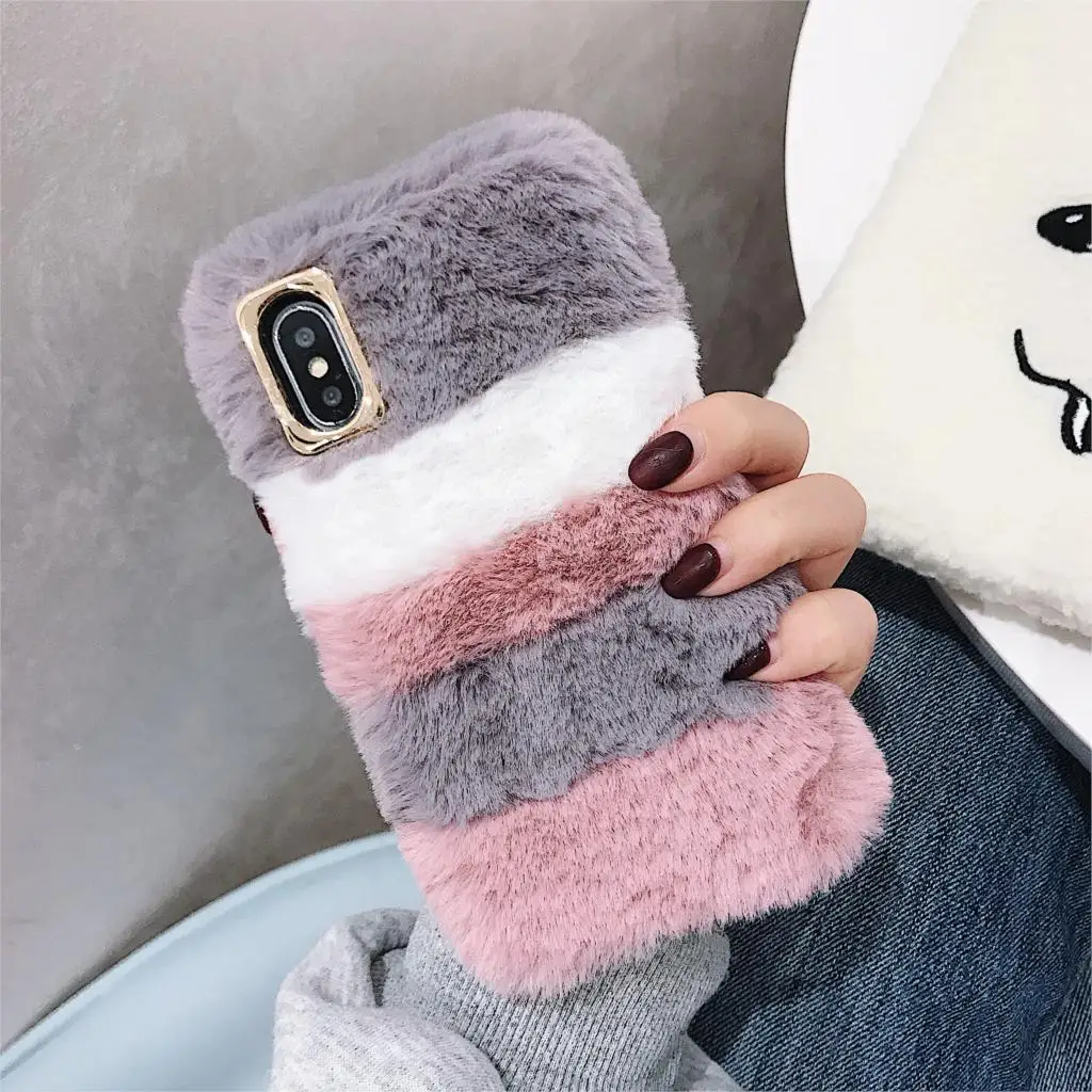 Плюшевый Меховой чехол для samsung Galaxy J8 J6 Plus Prime J7 J5 On5 On7 M10 M20 M30 теплые детские носки в полоску, крышка - Цвет: Stripe Gray