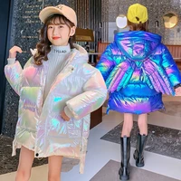 2021 winter shiny jacket for girls hooded back angle wings warm children coat 4 13 years kids teenager cotton parkas outerwear