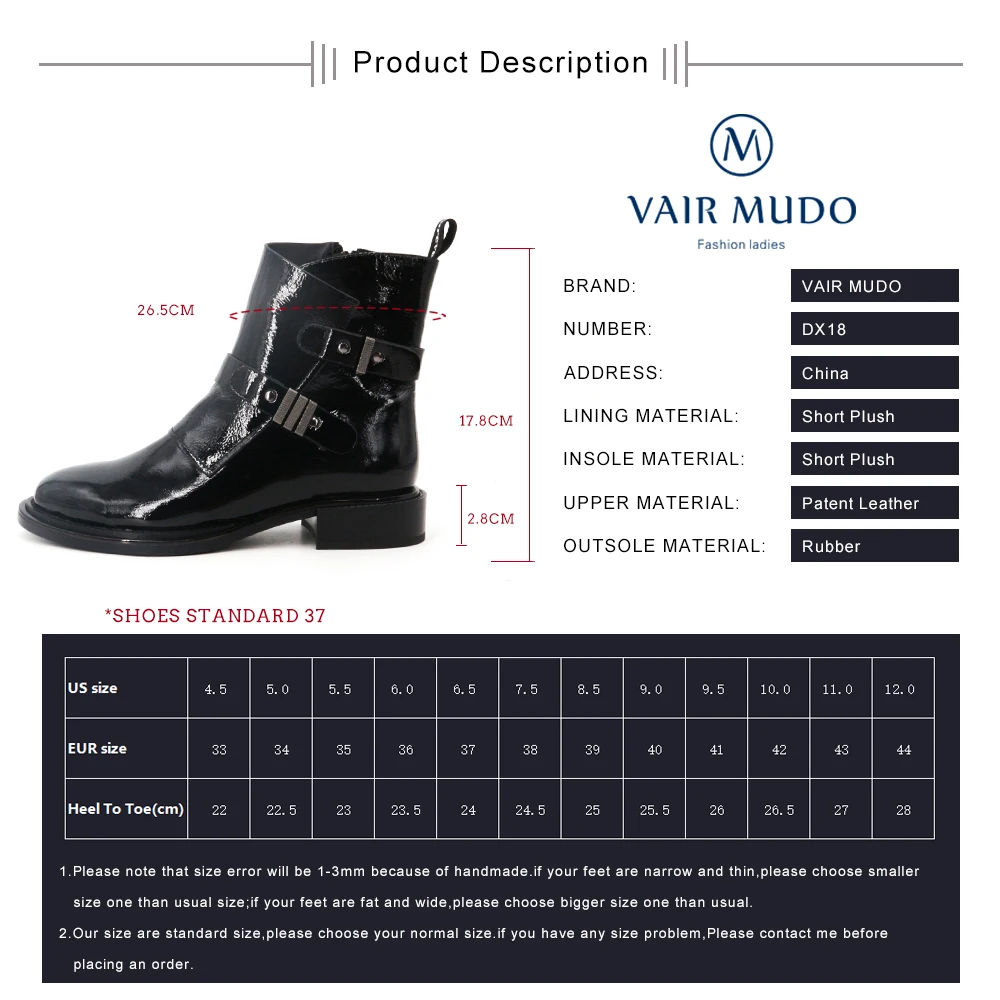 

VAIR MUDO 2021 New Autumn Winter Motorcycle boots Patent Leather Low Heel Ankle Boots Shoes Women Black Short Plush FootwearDX18