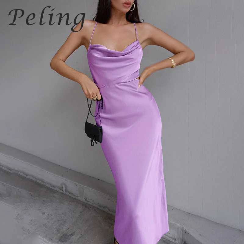 

Peling Trend Fashion Summer 2021 New Sexy Dresses For Women Lace Up Halter Backless Long Satin Dress Hollow Out Bandage Vestidos