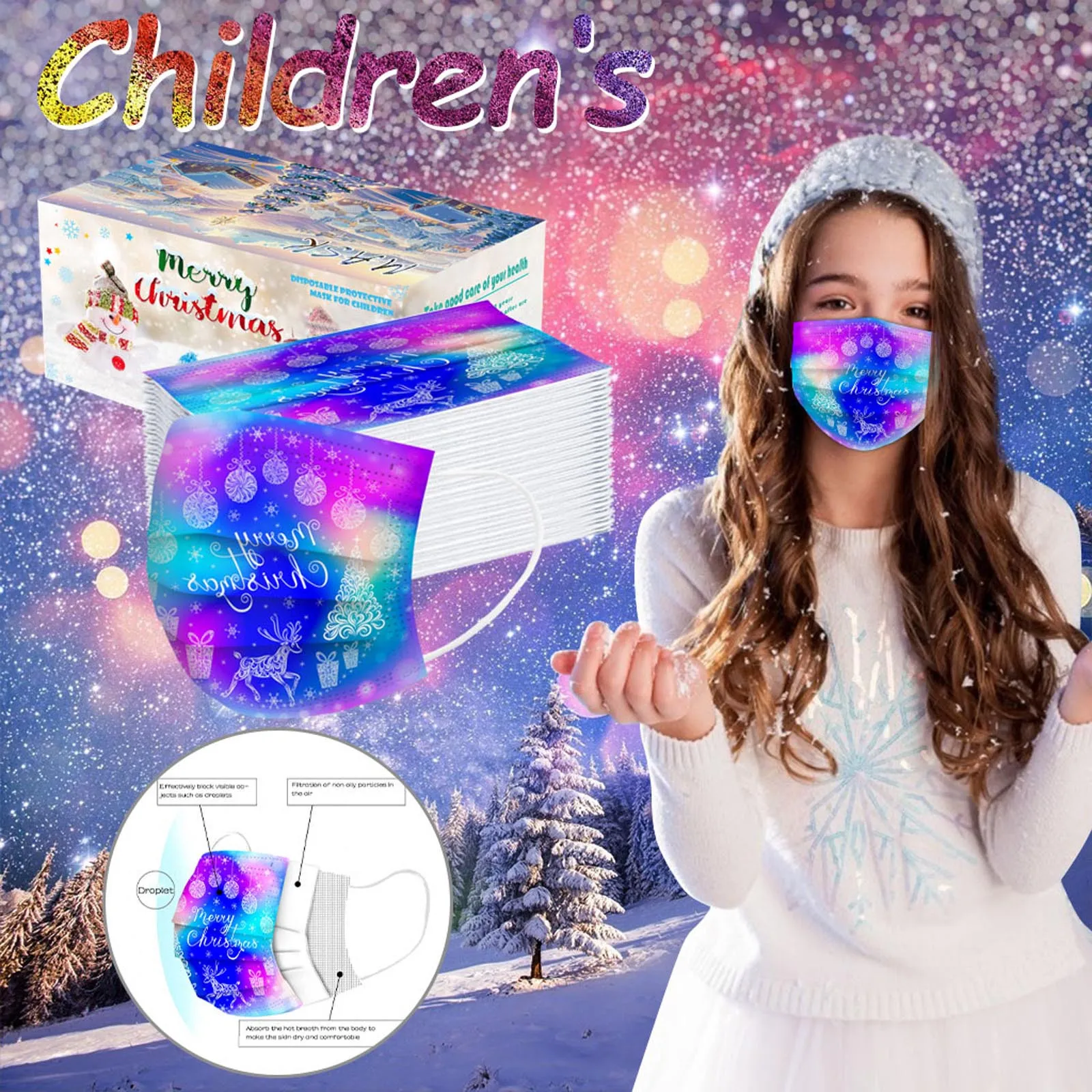 

100 Pcs Multicolor Children's Disposable Dust Proof Facemask Christmas Printed Cute Cartoon Face Mask3ply Ear Loop Mouth Cover