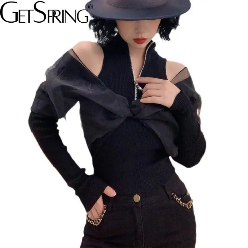 

Getspring Women Sweater Mesh Patchwork Off Shoulder Sweater Tops Asymmetry Vintage Sexy Black Short Knitting Pullover 2021 New