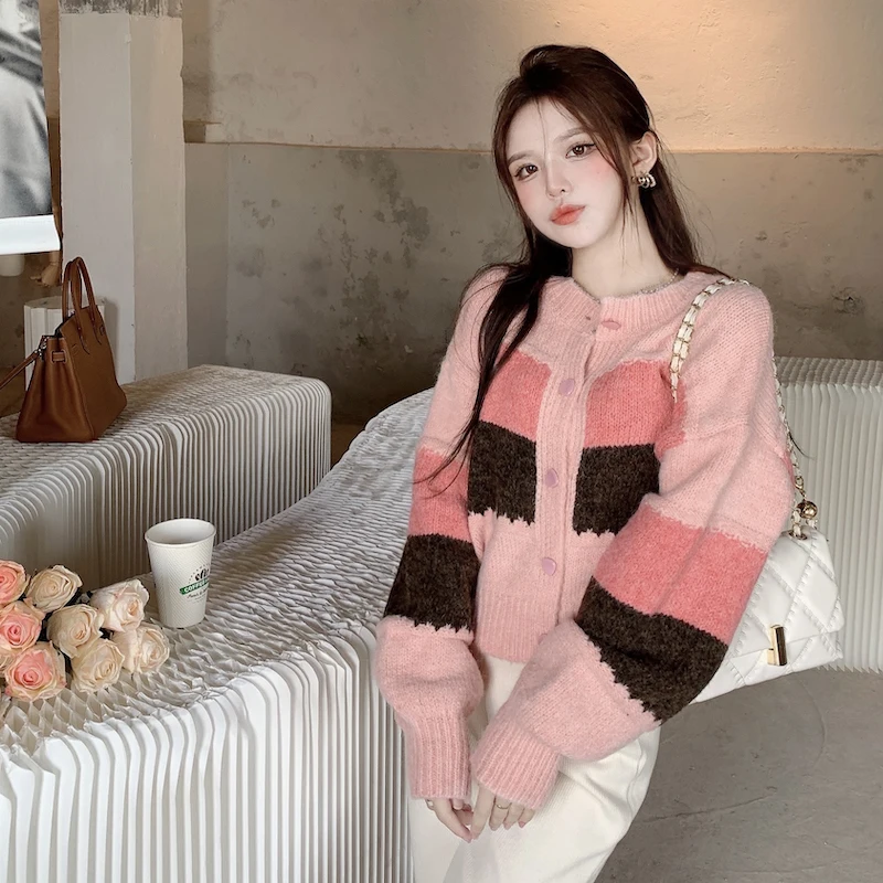 

Lovely Lady Sweet Pink Cardigan Sweater Autumn Women Striped Single Breasted Kawaii Knit Elegant Sweaters Korean Fashion Clothes