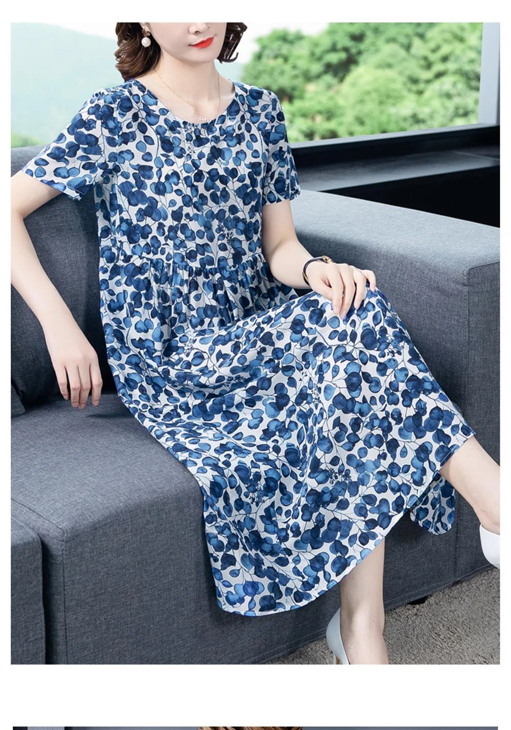 

Women's Floral Printed Short Sleeve Round Neck Baggy Casual Midi A-Line Dress