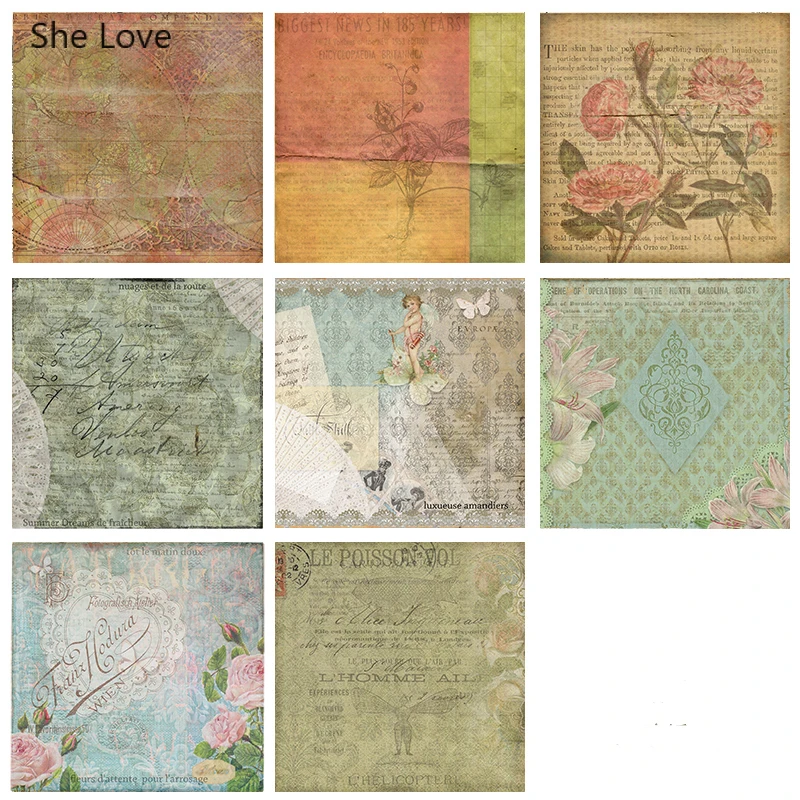 09 She Love 8 шт. винтажная Цветочная веленевая писчая бумага без самоклеящейся фоновой бумаги наклейки для скрапбукинга DIY ремесленные товары, карточка для изготовления - Цвет: 09
