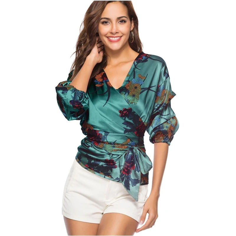 Шифоновая рубашка с цветочным принтом 2019 модный Бандаж v-образным вырезом