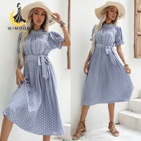 2021 summer new european and american medium length short sleeve wave point round collar with pleated dress women