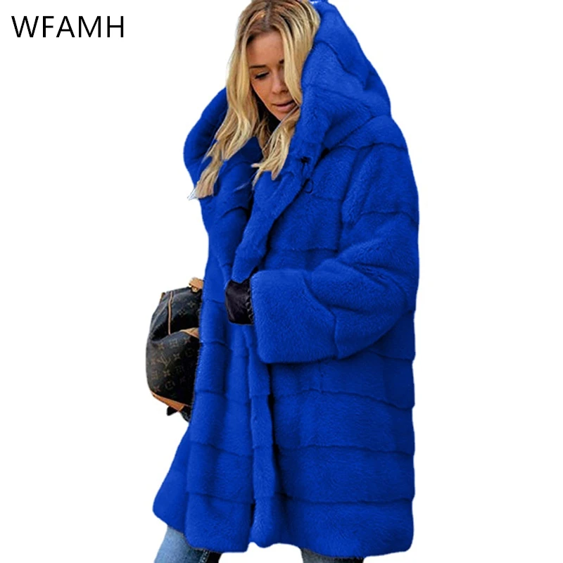 2023 New Winter Imitation Fur Mid-length Solid Color Loose Plush Hooded Coat Fashion Warm Jacket Women Thick Warm Fur Spliced
