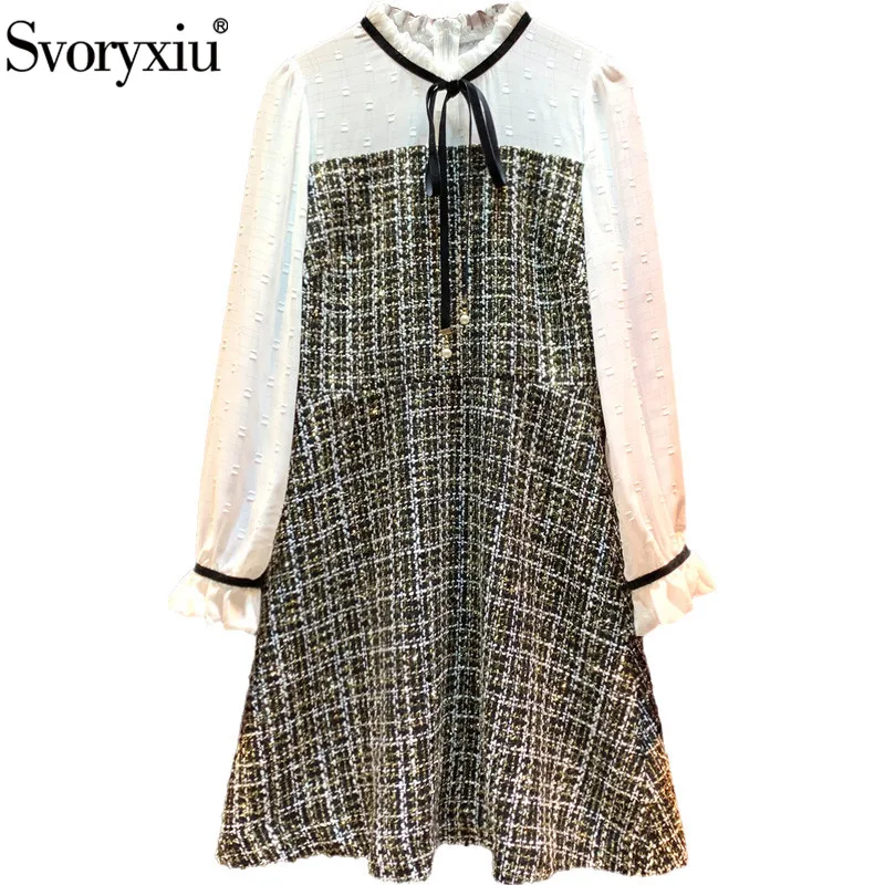 

Svoryxiu 2020 Autumn Winter Elegant Black Gold Line Tweed Dress Women's Fashion Long Sleeve Runway Designer Dress Vestdios