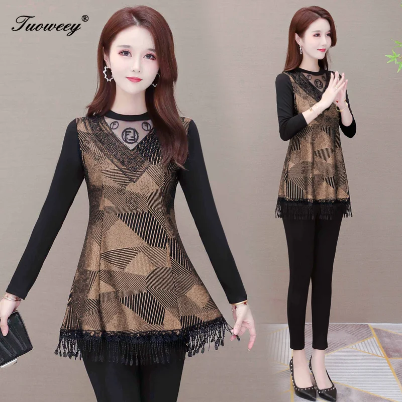 

Autumn Plus Size Long Sleeve Hollow Out Blouses Fashion Slim Casual Print Plus Size Elegant OL Style Women Shirts Clothing