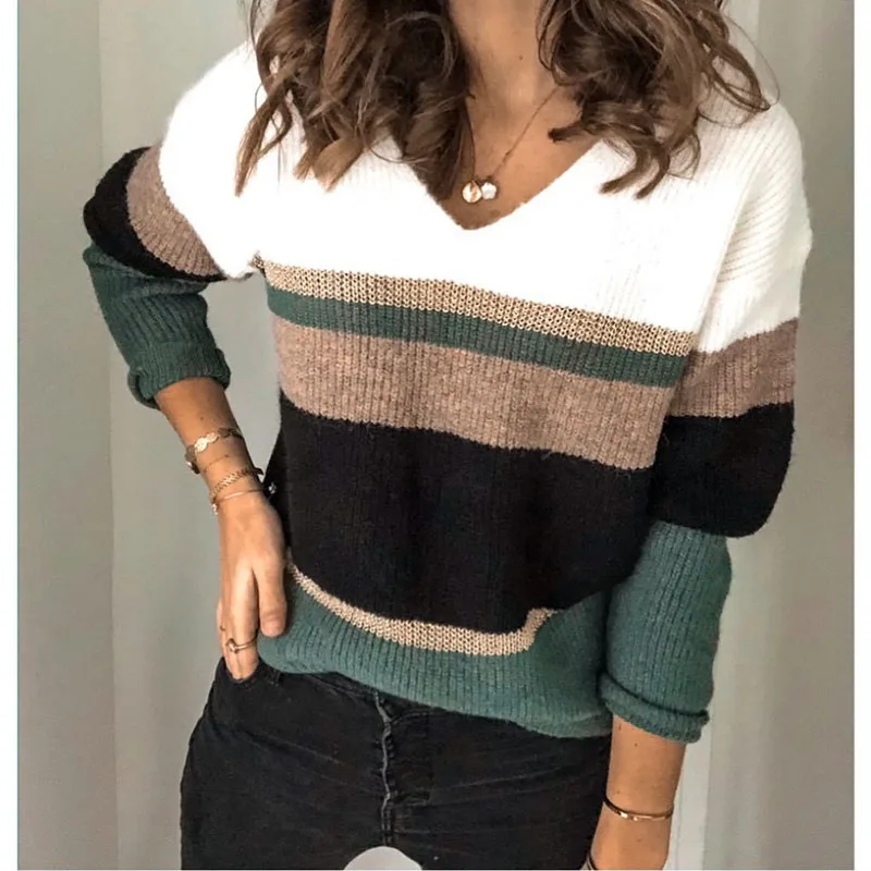 

Autumn Winter Women's Sweaters American Style Pullover Stitching V-neck Sweater New Loose Long-sleeved Sweater Top GX496