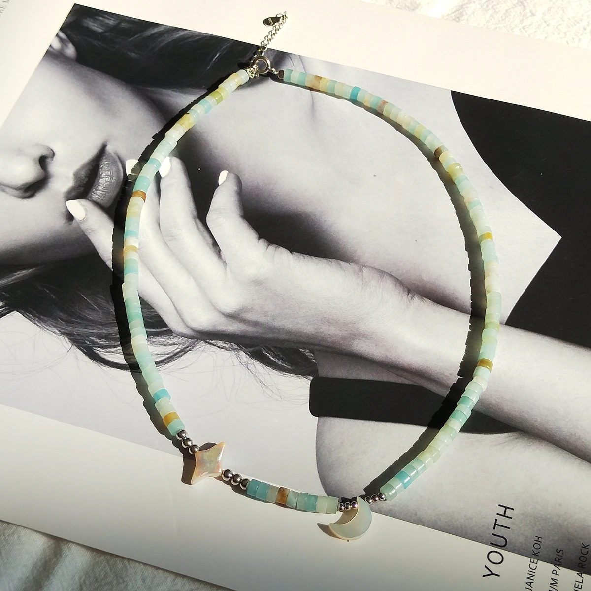 

Lii Ji Choker Necklace Collar Amazonite Pearl Shell Moon Charm Necklace 925 Sterling Silver Bohemian Women Men Jewelry Gift