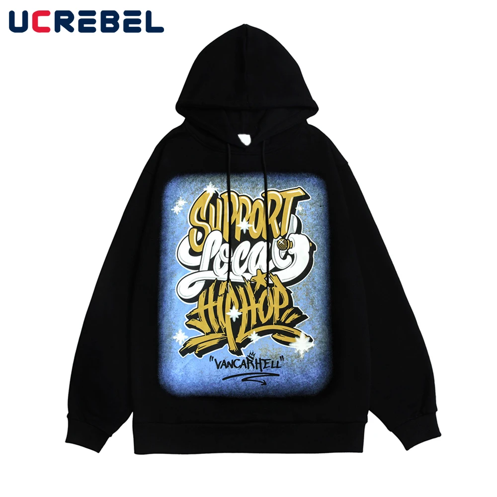 

Letter Print Fleece Sweatshirts Mens Autumn Casual Hoodies Streetwear Loose Long Sleeve Pullover Men