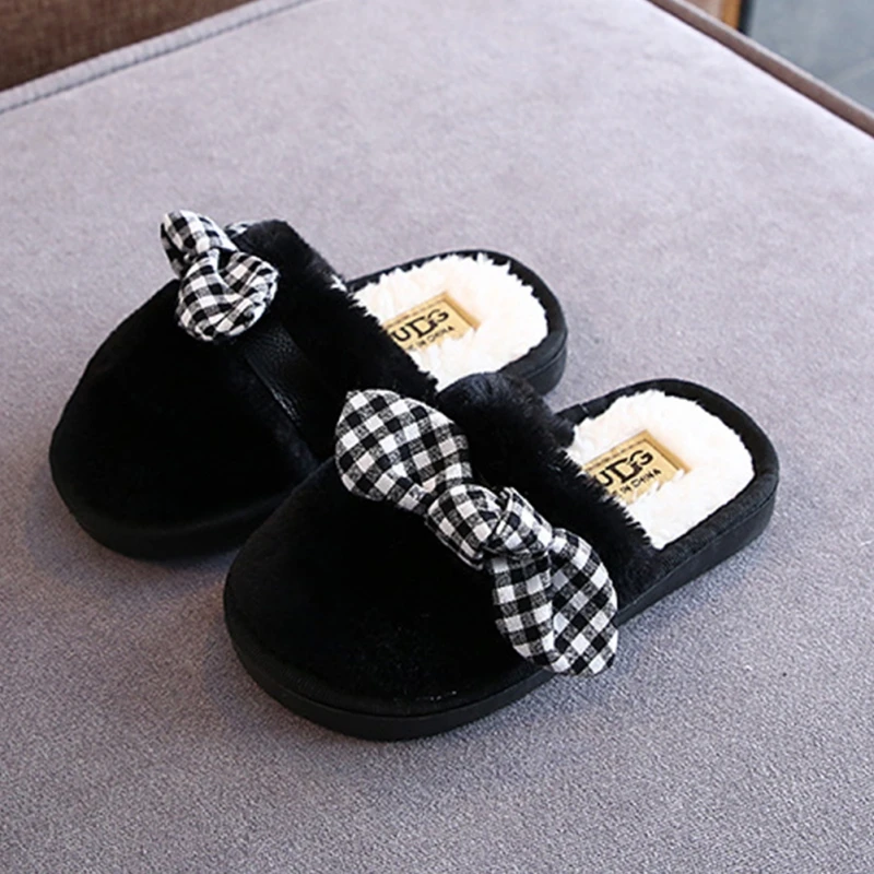 

Winter Children Slippers Cute Bow Solid Color Soft Bottom Indoor Outdoor Warm Home Cotton Boys Girls Shoes