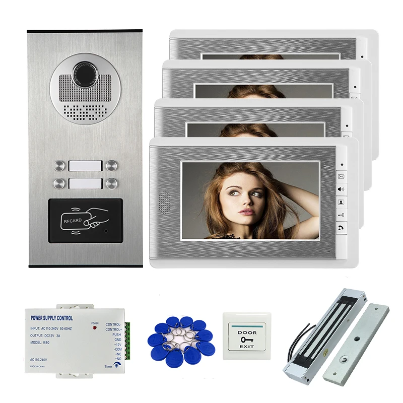 

Wire 7" Video Door Phone Intercom System RFID Access Doorbell Camera for 4 Family Apartment Electric Magnetic Lock Free Shipping