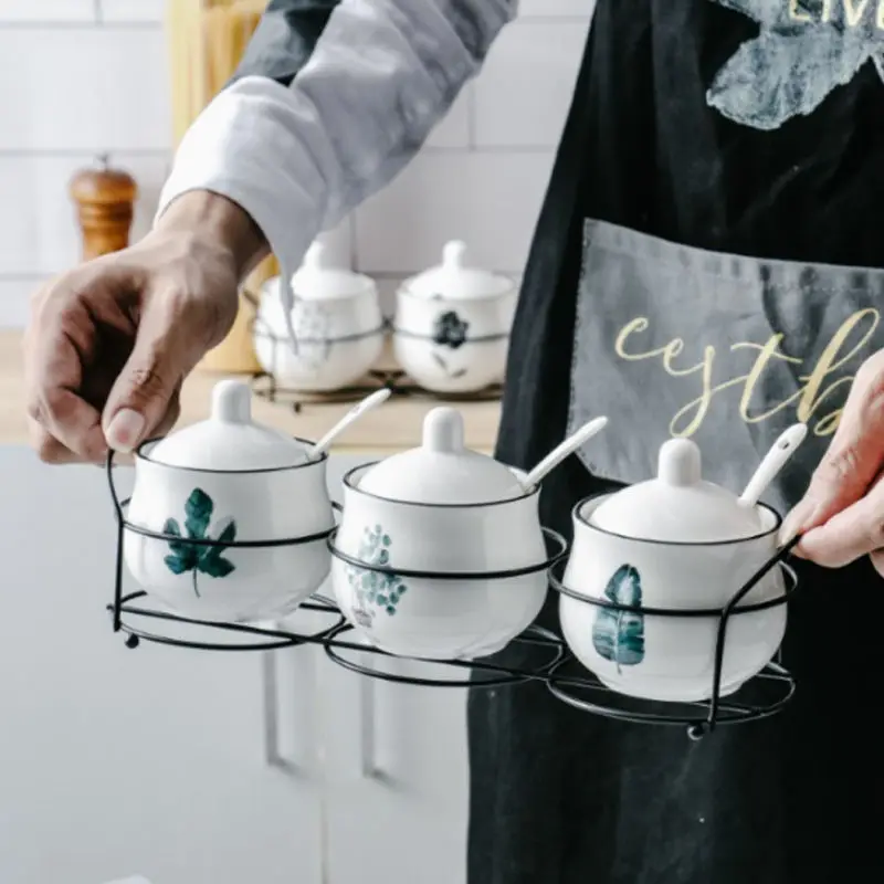 Ceramic Seasoning Jar Three-piece Kitchen Utensils Seasoning Box Household Salt Seasoning Seasoning Tank Combination Set Send