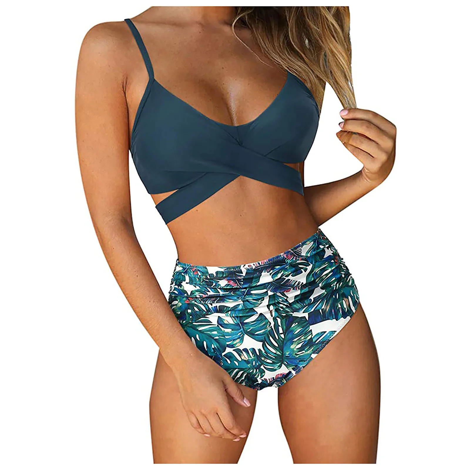 

Swimming Suit For Women Halter Crisscross Leaf Print High Waisted Bikinis Set String Floral Printed Two Piece Bathing Suit Bkini
