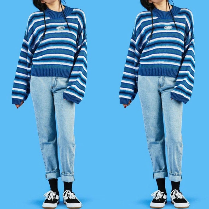 

Women Batwing Long Sleeve Sweater Turtleneck Contrast Color Striped Pullover Tops Harajuku Oversized Loose Letters Embroidery Kn