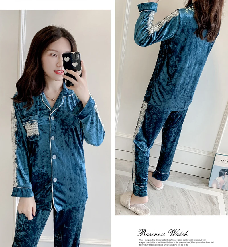 Зимний пижамный комплект женская теплая одежда для сна темно-золотые бархатные