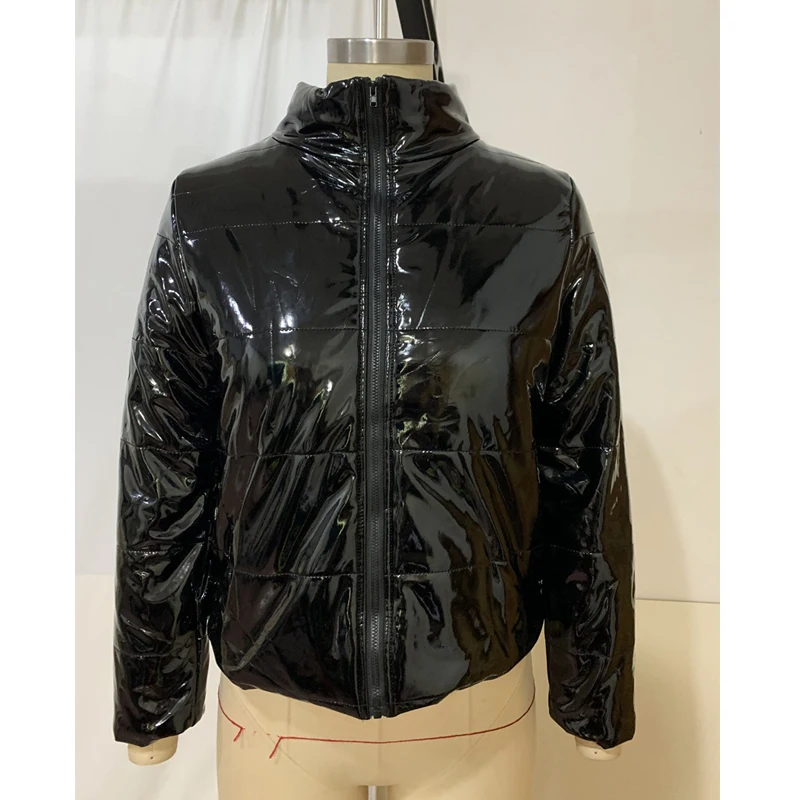 

ZKYZWX Bright PU Faux Fur Leather Coats Winter clothes Women Outwear Crop Puffer Jacket Long Sleeve Warm Parka Bubble Coats