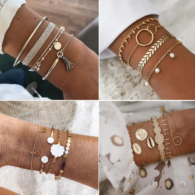 Винтажные золотые браслеты Монета ракушка шармы для женщин регулируемые цепочки