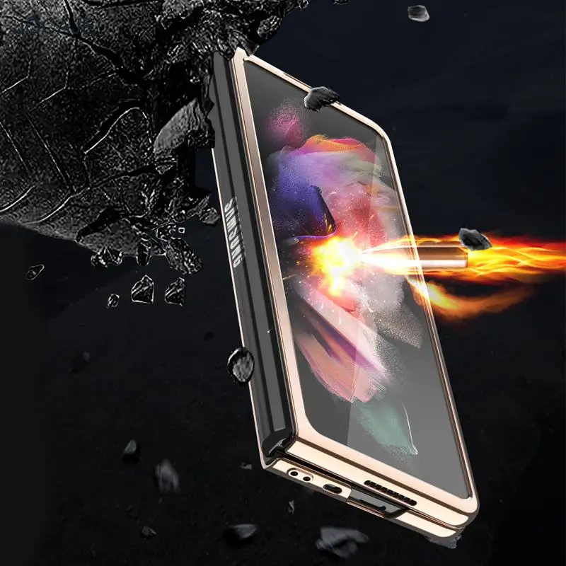 plating leather s pen slot phone case for samsung z fold 3 5g 360 full protection tempered glass film cover for galaxy z fold3 free global shipping