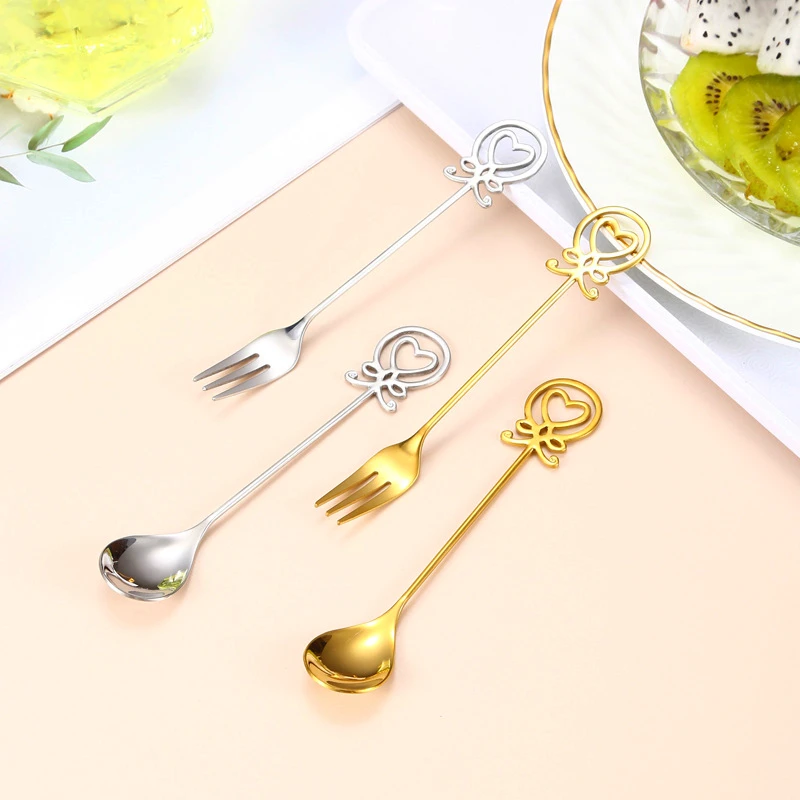 

2PCS Creative Heart-shaped Teaspoons Coffee Ice Cream Spoon Cute Tableware Fruit Fork Desserts Tools Stainless Steel Cutlery Set