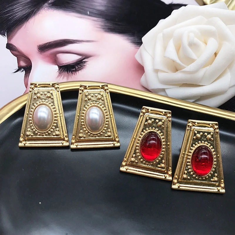 

Geometric Earrings White Pearls And Red Stones Statement Metal Jewelry Retro Designs Vintage Jewelry
