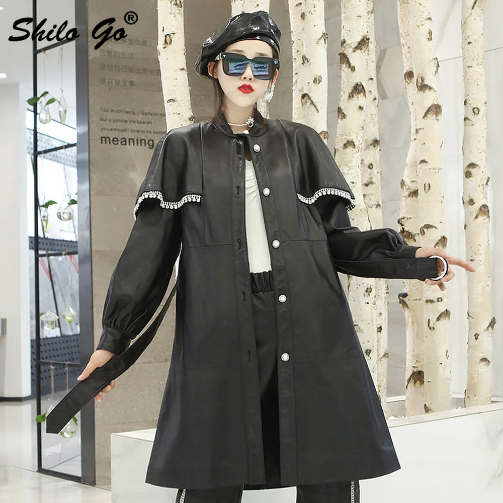 

Elegant Stand Collar Buckle Belted Ruffles Shoulder Single Breasted Trench Women Autumn Solid Sheepskin Genuine Leather Coat