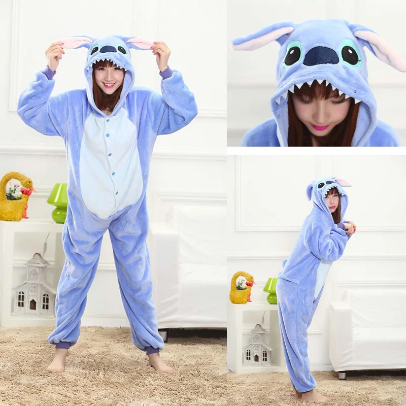 Blue Stitch Women Kigurumi Unicorn Pajamas Sets Flannel Animal Stich Pajamas kits Winter warm unicornio Nightie Pyjamas Sleepwear Homewear - Цвет: Blue Stitch