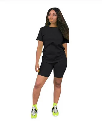 

Solid Sports 2-Piece Set Fashion Women Sports Suit T-shirts Crop Top Shorts Outfit Workout Tracksuit Outfits Bikers Slim Clothes
