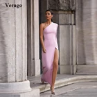 Verngo простые эластичные атласные розовые вечерние платья на одно плечо с длинным рукавом с Боковым Разрезом макси для вечеринки строгий выпускной
