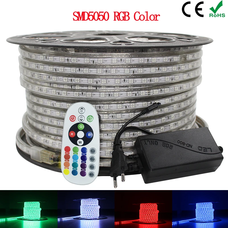

LAIMAIK RGB LED Strip Light 5050 Waterproof IP67 AC 220V rgb lights 60leds/m 5050SMD With wireless Controller plug led lighting