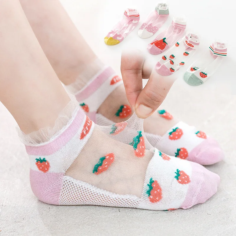 

5 пар детских носков, детская ледяная шелковая кружевные носки принцесса для девочек клубники носки из тонкого хлопка носки с украшением в в...